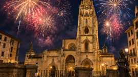 Recreación digital de fuegos artificiales sobre la Catedral de Oviedo.