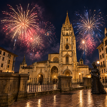 Recreación digital de fuegos artificiales sobre la Catedral de Oviedo.