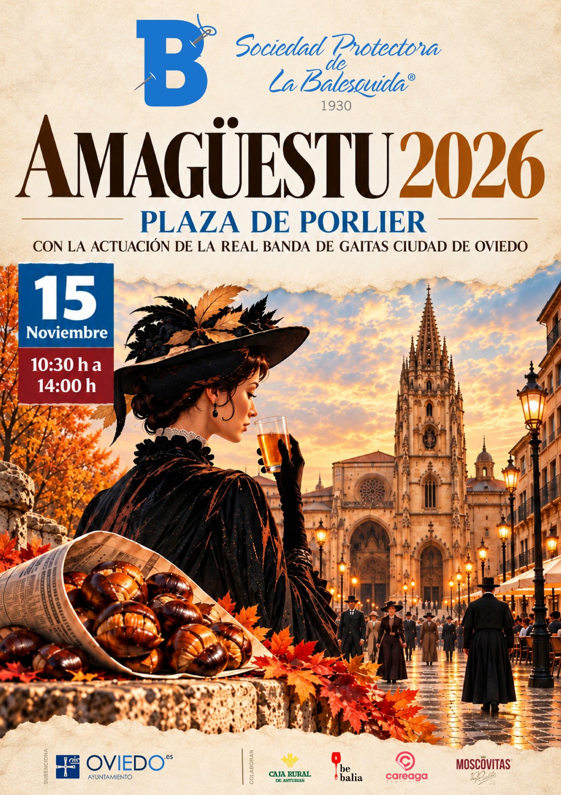 Cartel del Amagüestu 2026 organizado por la Sociedad Protectora de la Balesquida en la plaza de Porlier de Oviedo el 15 de noviembre.