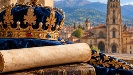 Corona nobiliaria sobre terciopelo azul, junto a un pergamino y libros antiguos, con la Catedral de Oviedo al fondo.