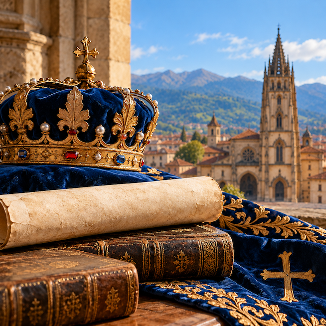Corona nobiliaria sobre terciopelo azul, junto a un pergamino y libros antiguos, con la Catedral de Oviedo al fondo.